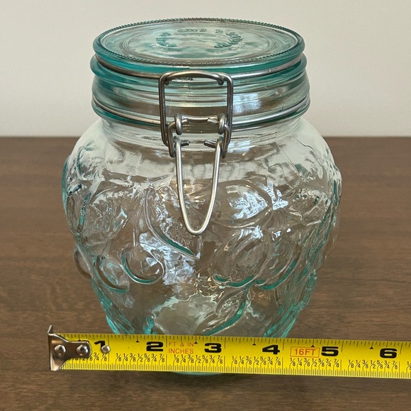 HERMETIC GREEN TINT GLASS FRUIT EMBOSSED 6" CANISTER WIRE BAIL HINGED LID ITALY - Picture 13 of 15